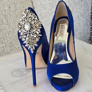 Badgley Mischka Royal Blue Jeweled Peep-Toe Stilettos